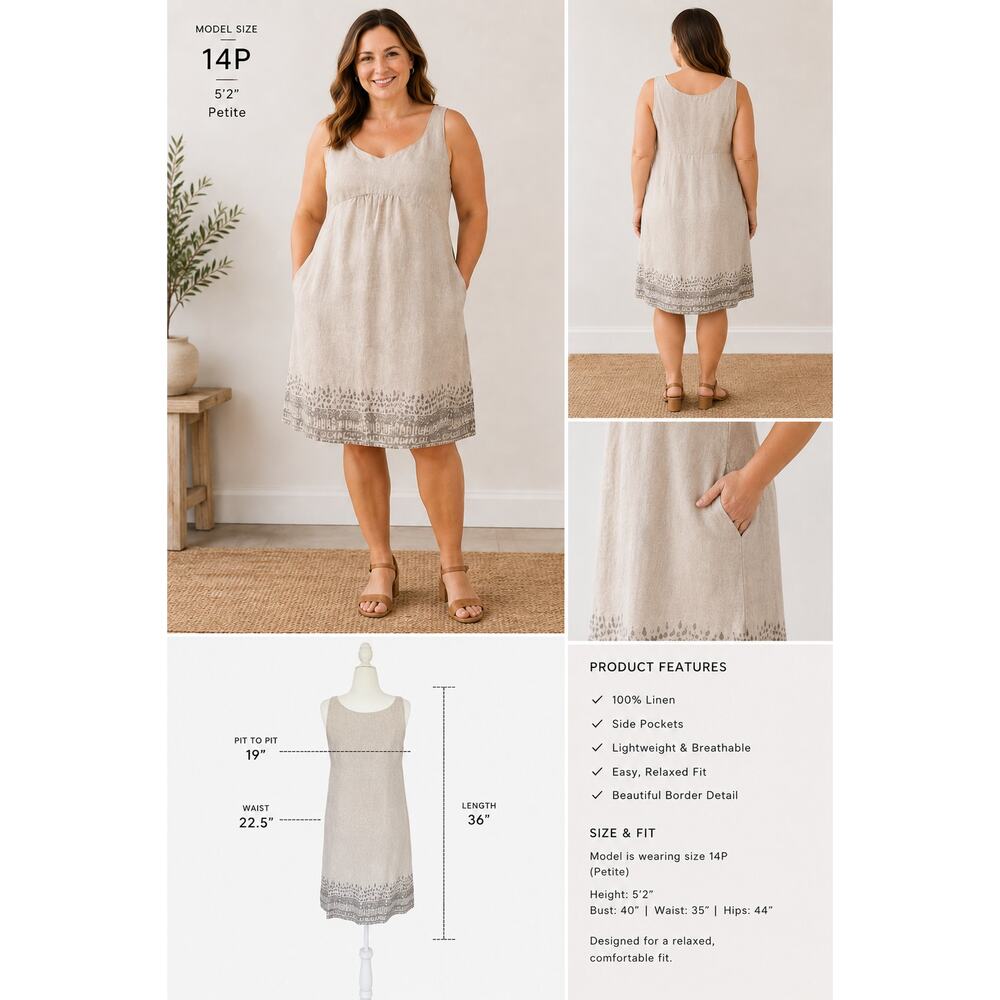 Eileen Fisher Organic Linen Empire Waist Sleeveless Dress Size 14P Sequin Scandi